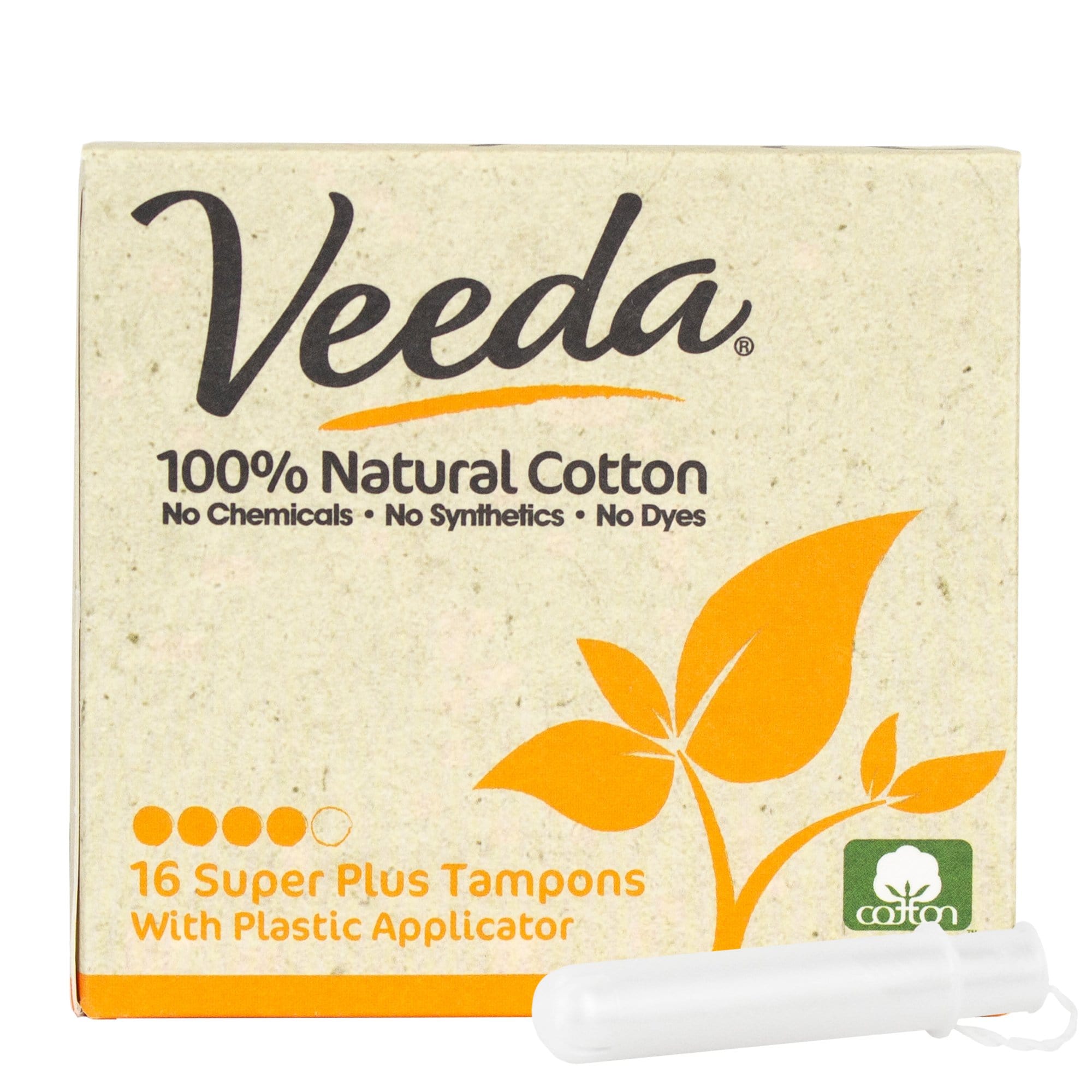 Veeda GMO-Free 100% Natural Cotton Applicator-Free Regular Tampons